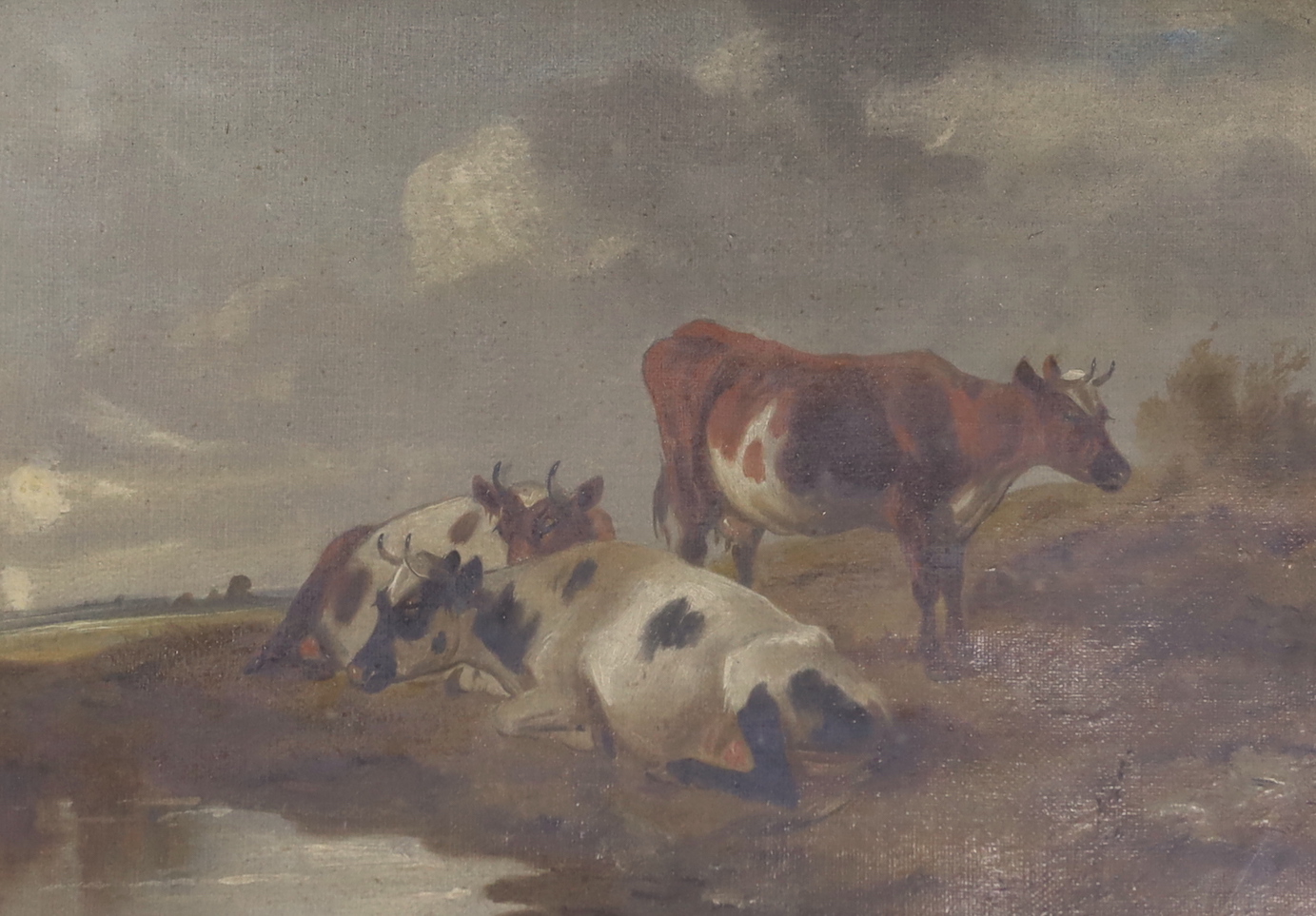 After George Morland, 19th century pastoral scenes, one with a trio of cattle beside a lake, the other with a hors, donkey and goat, pair of oils on canvas, each monogrammed, framed, 24 x 34cm